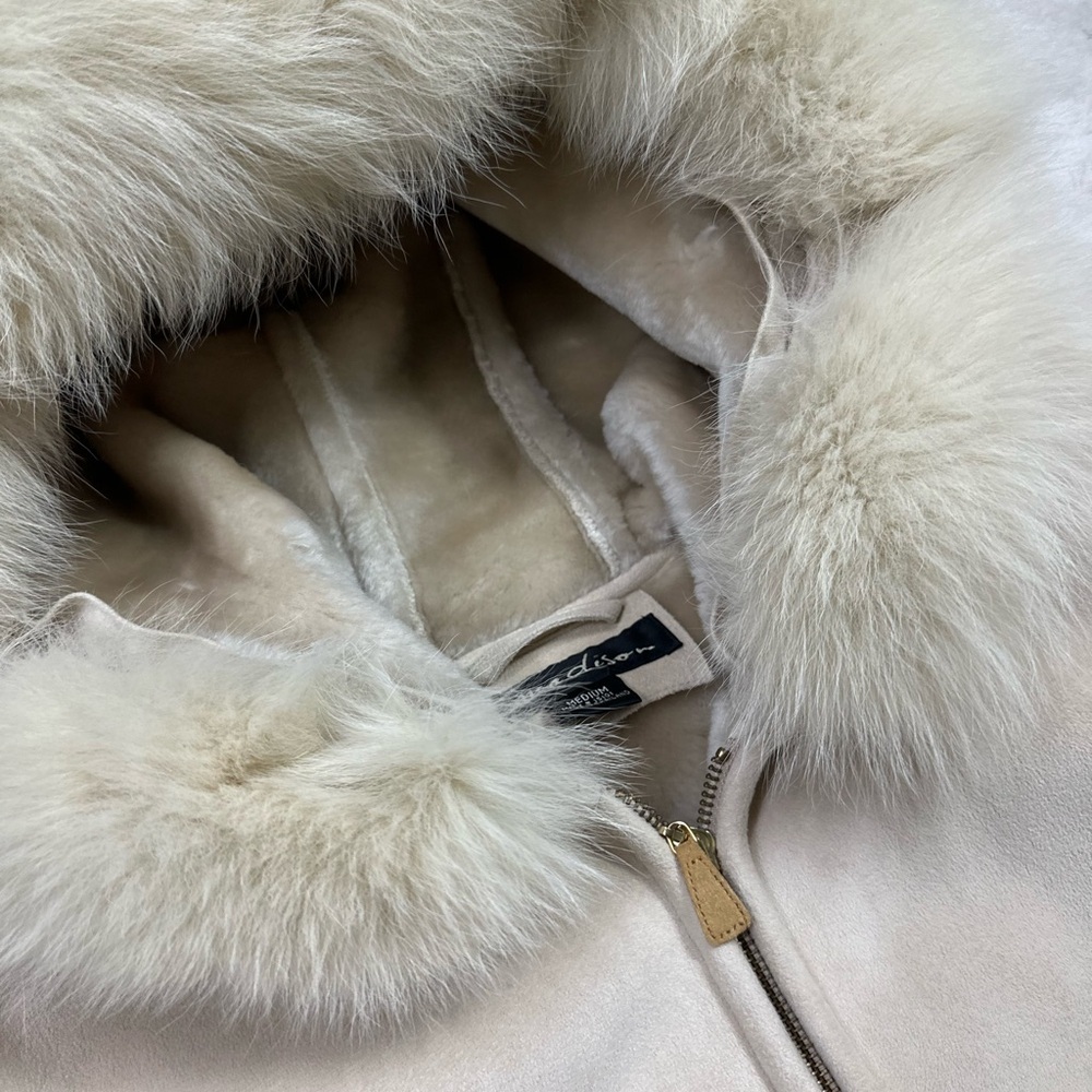 1 Madison Faux Suede Penny Lane Embroidered Hoodie Jacket Coat Fox Tail Fur M - Picture 8 of 13